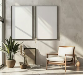 Minimalist interior with two blank frames mockup on a wall. Armchair, plant and decor in a room with sunlight. .