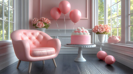 Wall Mural - Pink Room With Chair, Cake, and Balloons 3D Illustration