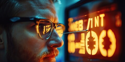 Poster - Man's Glasses Reflecting Brightly Lit Numbers and Symbols