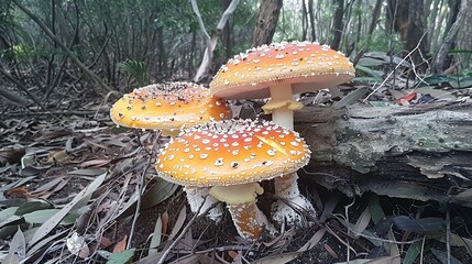 Forest Floor Find: White and Orange Cap Mushrooms Sprouting Among Trees