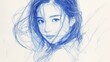 © Li - Fine lines and smooth strokes in a blue pencil sketch of a cute Chinese girl portrait. Delicate manuscript-style drawing with soft, artistic details, capturing innocence and charm