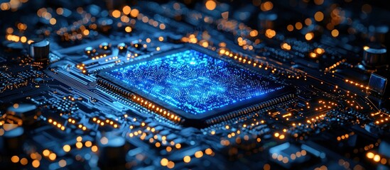 Poster - Close-up of a glowing blue computer chip on a circuit board with orange lights