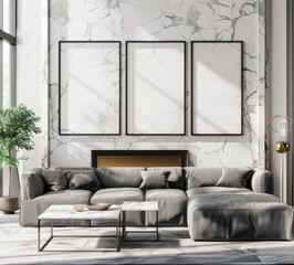 Modern living room interior with a gray sofa, stylish decor, and three blank frames on the marble wall. Perfect for showcasing your artwork or designs.