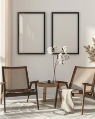 Minimalist interior design with two empty frames, wooden armchairs, and cotton plant, perfect for showcasing artwork or prints.