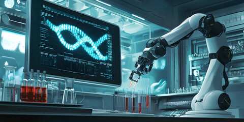 Wall Mural - the ai ​​robotic arm is operating the test tube on the test bench, the display screen is showing the