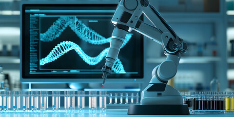 Wall Mural - the ai ​​robotic arm is operating the test tube on the test bench, the display screen is showing the