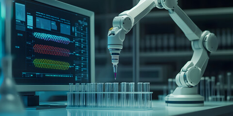 Wall Mural - the ai ​​robotic arm is operating the test tube on the test bench, the display screen is showing the