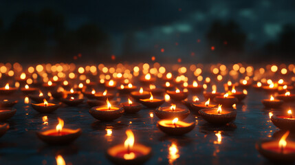 Canvas Print - Glowing diyas illuminating the night sky during Diwali celebrations at a local festival