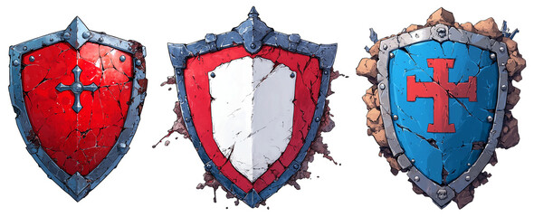 Poster - Ancient shields with intricate designs, featuring red and blue colors, cracked surfaces, and metallic accents. These shields evoke sense of history and valor