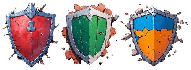 Poster - Colorful shields in red, green, and blue, each with unique design, are depicted against white background. shields show signs of wear and tear, adding sense of adventure and history