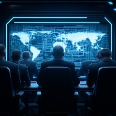 A group of individuals in suits observing a digital world map display.