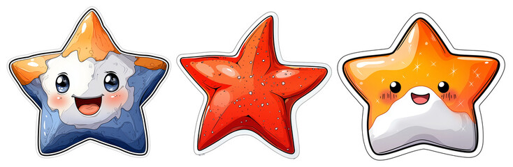Poster - Cute and colorful star characters with cheerful expressions, featuring variety of designs and colors, perfect for childrens illustrations or playful themes. png transparent background