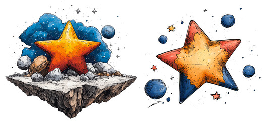 Wall Mural - vibrant star illustration featuring bold orange star set against cosmic background with planets and asteroids. artwork captures whimsical and imaginative essence. png transparent background