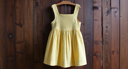 Light yellow linen sundress with square neckline and smocked waist display on aesthethic wood wall background