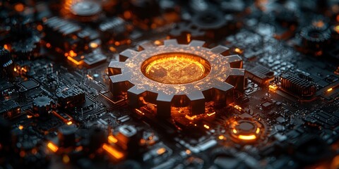 Leinwandbilder - Illuminated Gear on a Circuit Board
