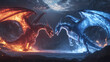 © Thiago - Epic illustration of two dragons, one of fire and one of ice, facing off in a dramatic and mystical conflict in a fantasy setting. Ice Dragon. Illustration