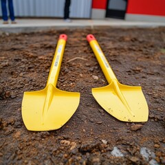 two yellow shovels resting on freshly turned soil.