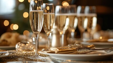 A beautifully set table for a New Year's Day brunch, with elegant place settings, glasses of champagne, and festive decorations in gold and silver.