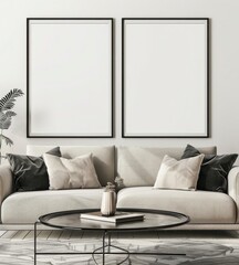 Two blank black frames mockup on a wall. White sofa with pillows in living room. Modern minimalist interior design.