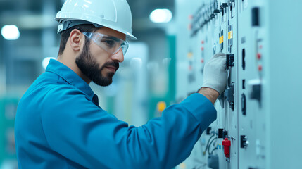 A focused technician adjusting electrical controls in a modern industrial facility, wearing safety gear, ensuring optimal performance of machinery.