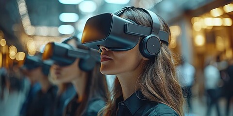 Poster - Young Woman Experiencing Virtual Reality with Headphones and Headset