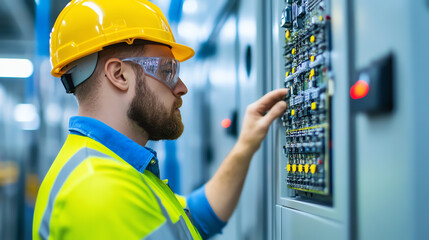 A male electrical engineer in a safety helmet working on control panels in an industrial setting, focusing on equipment management and safety.