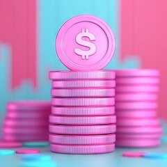 A stack of pink coins with a dollar sign, symbolizing currency and finance.