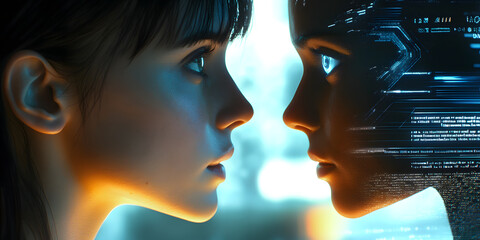 Wall Mural - formal face-to-face contact between humans and ai robots, mobile wallpaper, computer wallpaper, back