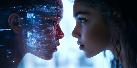 Wall Mural - formal face-to-face contact between humans and ai robots, mobile wallpaper, computer wallpaper, back