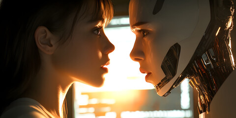 Wall Mural - formal face-to-face contact between humans and ai robots, mobile wallpaper, computer wallpaper, back