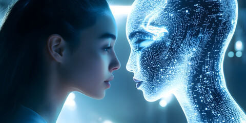 Wall Mural - formal face-to-face contact between humans and ai robots, mobile wallpaper, computer wallpaper, back