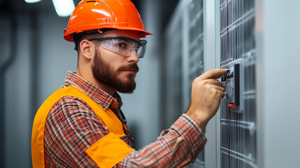 Worker in safety gear adjusting electrical panel controls, focused and professional demeanor in an industrial setting.