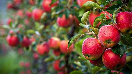 Poster - This Fresh apples hang from the branches, sparkling with morning dew in the orchard.