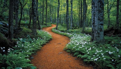 Aufkleber - Winding Path Through Lush Green Forest with White Flowers
