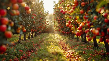 Poster - This Sunlight shines on abundant apple-laden trees as workers gather fruits in a lush orchard.