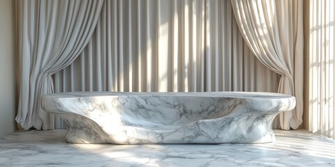Poster - Abstract White Marble Platform with Draped Curtains