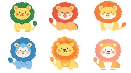 Charming collection of nine cute lion icons designed in a Korean style, perfect for children's book illustrations. Each cartoon character features simple lines and flat illustrations with a playful