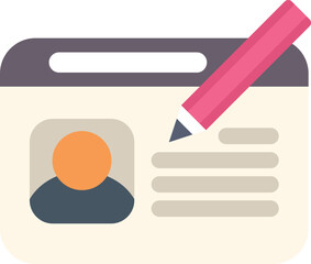Poster - pencil is editing profile text on a card with a photo id, as a concept for online profile, account, 