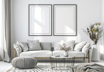 Modern living room interior with a comfortable sofa, stylish decor, and two blank picture frames on the wall. Perfect for showcasing your artwork or designs.