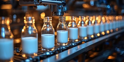 Poster - Automated Bottling Line Filling Glass Bottles with White Liquid