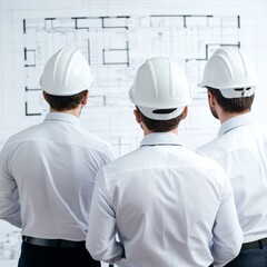 Three individuals in hard hats observing architectural plans.