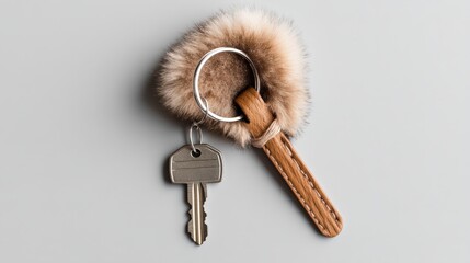 A cozy winter cabin key with a fluffy keychain, isolated on a clean white background, ready for vacation