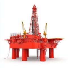 A red offshore oil drilling platform used for extracting petroleum.