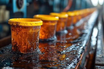 Poster - Yellow Containers Filled with Liquid on a Conveyor Belt