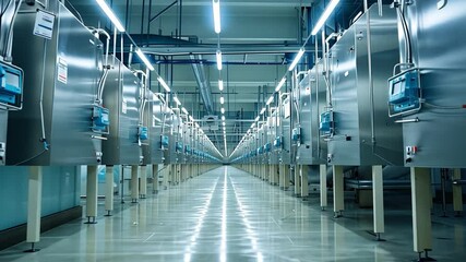 Aufkleber - This expansive hallway showcases rows of metallic machinery under bright fluorescent lights.