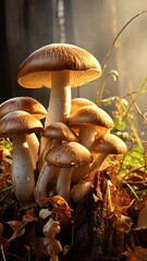 Poster - Cluster of mushrooms in forest sunlight, serene nature scene
