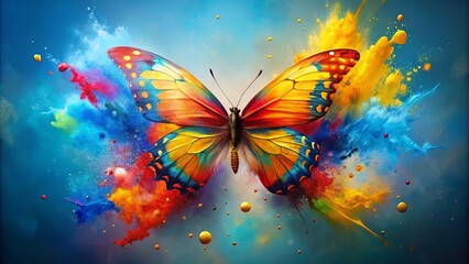 A vibrant butterfly emerges from a burst of colorful dust, creating a dazzling spectacle of abstract art.