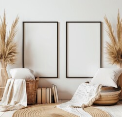 Two empty black frames are leaning against a white wall in a boho style living room. Blank posters mockup in cozy interior background.