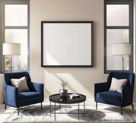 Modern, minimalist living room interior with two blue armchairs, a coffee table, and a blank picture frame on the wall, ideal for showcasing artwork or photography.