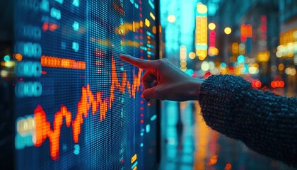 Poster - Hand Interacting With a Stock Market Data Display in a City at Night